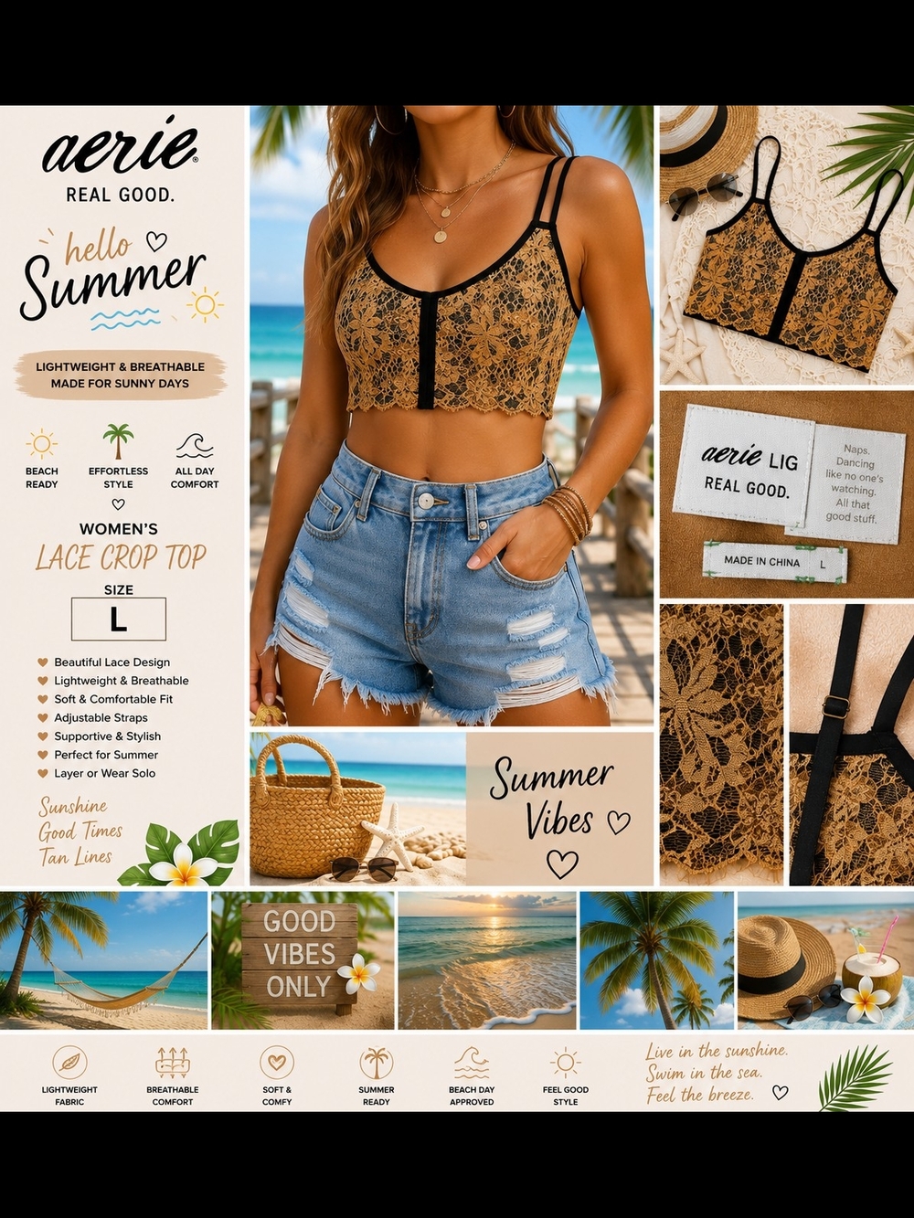 aerie Black & Tan Lace Crop Top with Double Straps